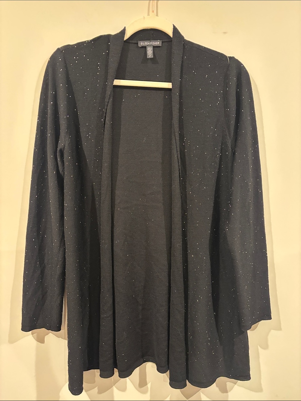 Eileen Fisher Merino Wool Black Open-Front Cardigan with Sparkle